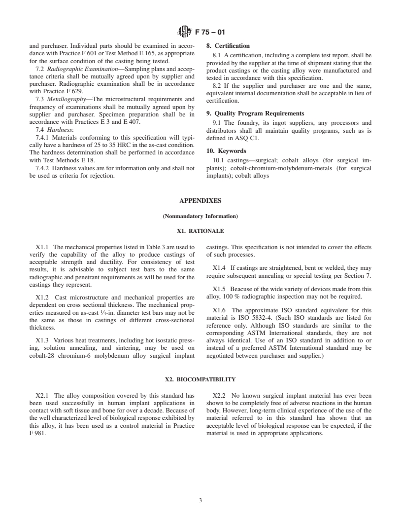 ASTM F75-01 - Standard Specification for Cobalt-28 Chromium-6 Molybdenum Alloy Castings and Casting Alloy for Surgical Implants (UNS R30075)