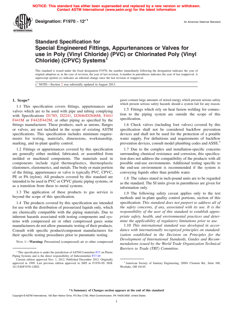 ASTM F1970-12e1 - Standard Specification for  Special Engineered Fittings, Appurtenances or Valves for use  in Poly  (Vinyl Chloride) (PVC) or Chlorinated Poly (Vinyl Chloride)  (CPVC) Systems