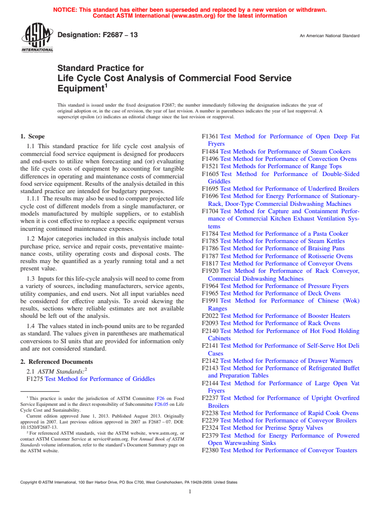 ASTM F2687-13 - Standard Practice for  Life Cycle Cost Analysis of Commercial Food Service Equipment