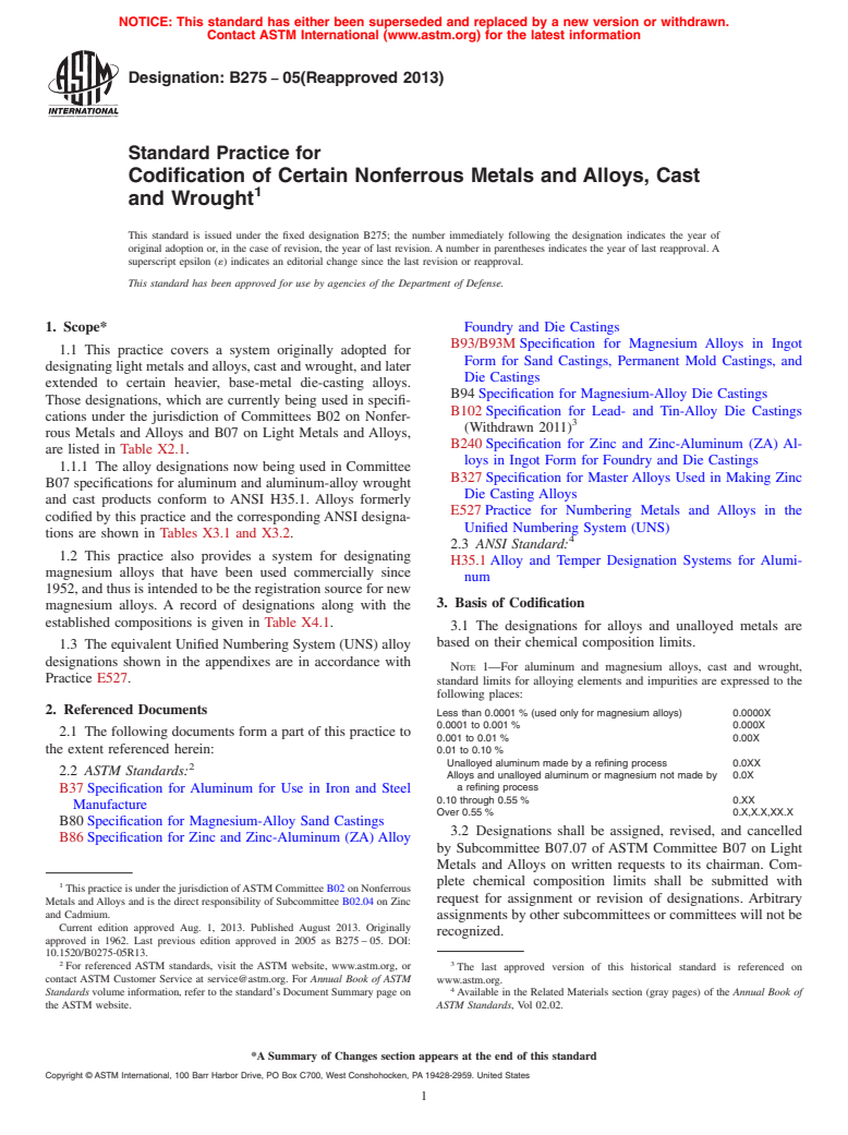 ASTM B275-05(2013) - Standard Practice for Codification of Certain Nonferrous Metals and Alloys, Cast  and Wrought