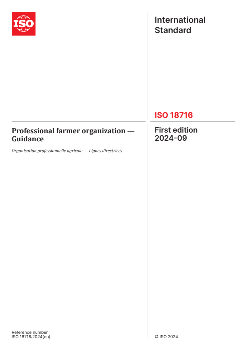 ISO 18716:2024 - Professional farmer organization — Guidance
Released:6. 09. 2024