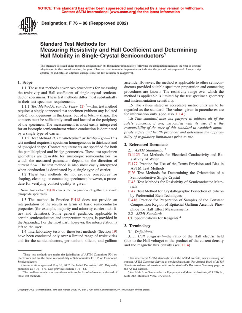 ASTM F76-86(2002) - Standard Test Methods for Measuring Resistivity and Hall Coefficient and Determining Hall Mobility in Single-Crystal Semiconductors