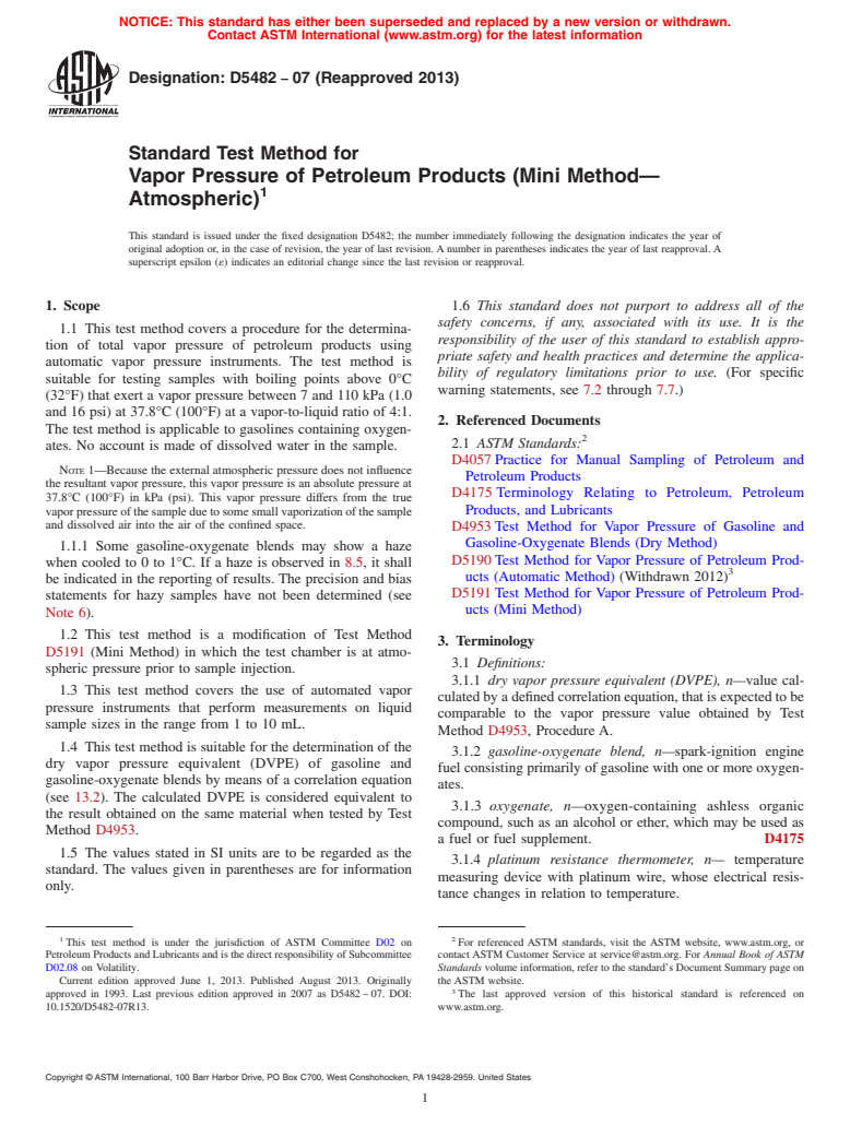 ASTM D5482-07(2013) - Standard Test Method for  Vapor Pressure of Petroleum Products (Mini Method&mdash;Atmospheric)