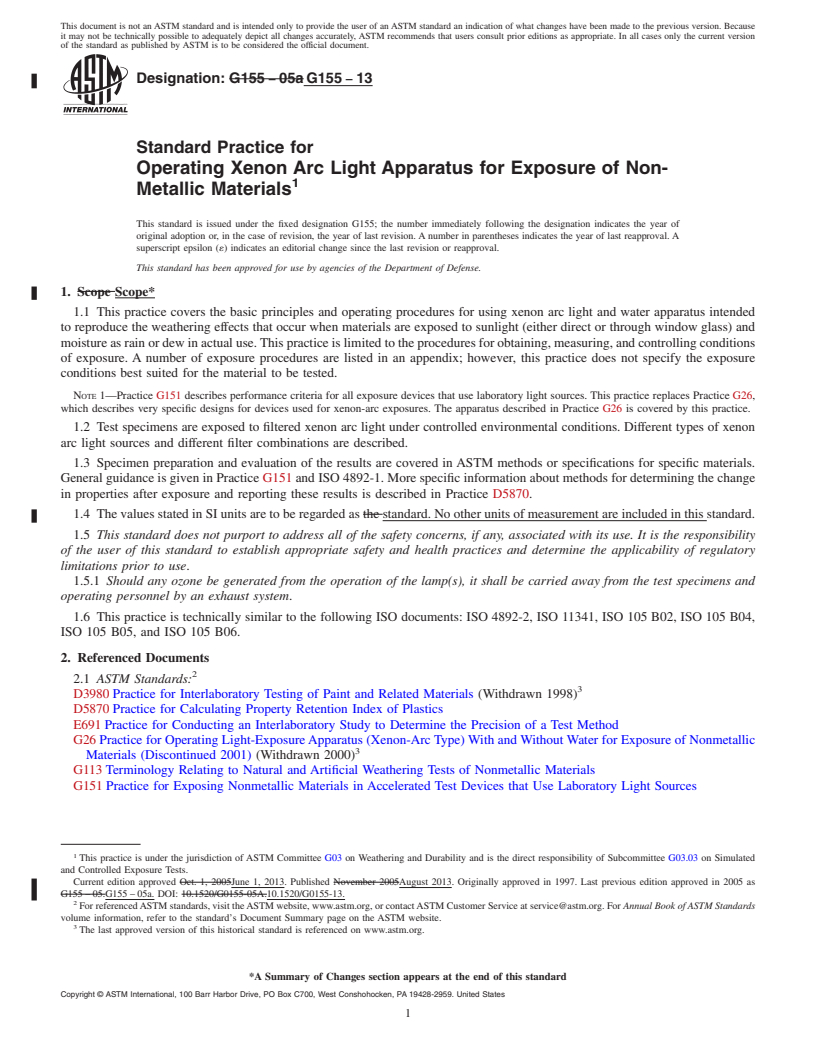 REDLINE ASTM G155-13 - Standard Practice for  Operating Xenon Arc Light Apparatus for Exposure of Non-Metallic  Materials