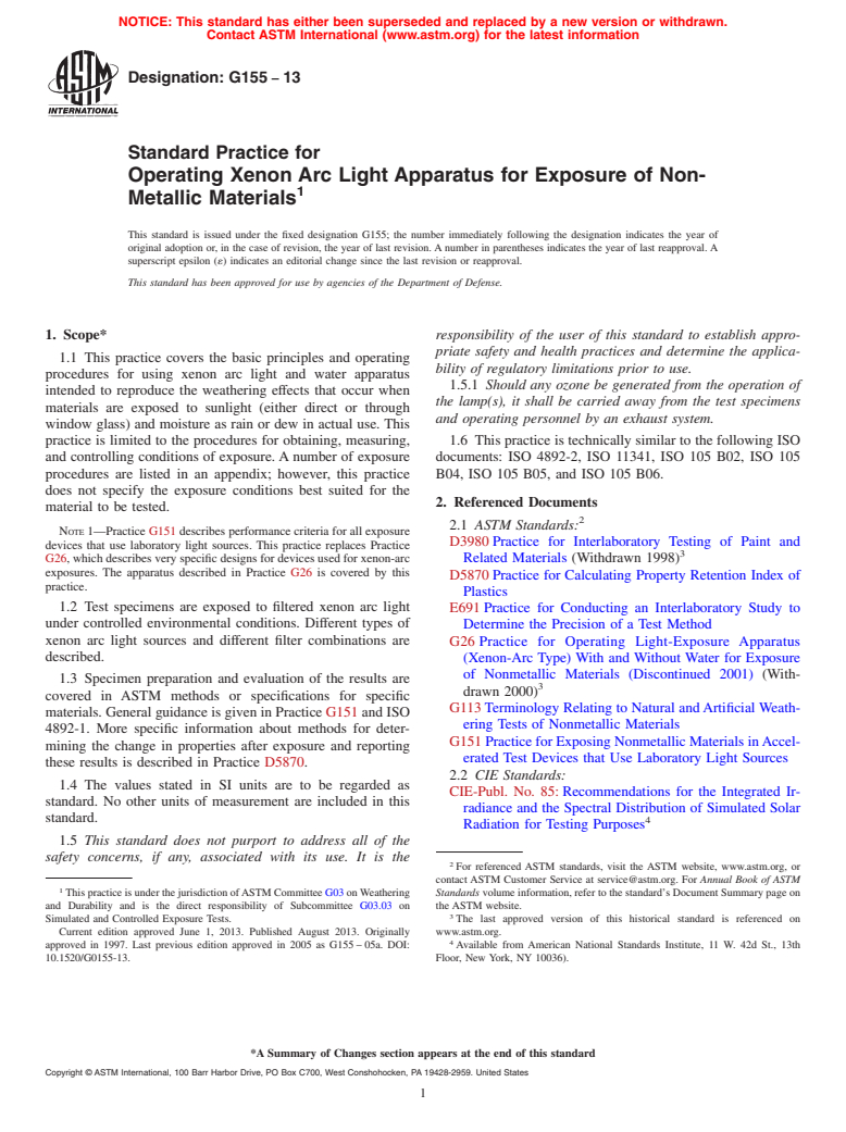 ASTM G155-13 - Standard Practice for  Operating Xenon Arc Light Apparatus for Exposure of Non-Metallic  Materials