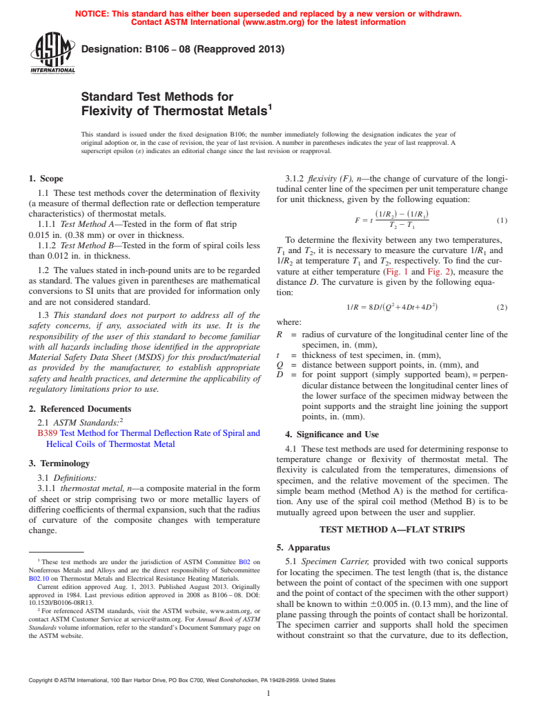 ASTM B106-08(2013) - Standard Test Methods for Flexivity of Thermostat Metals