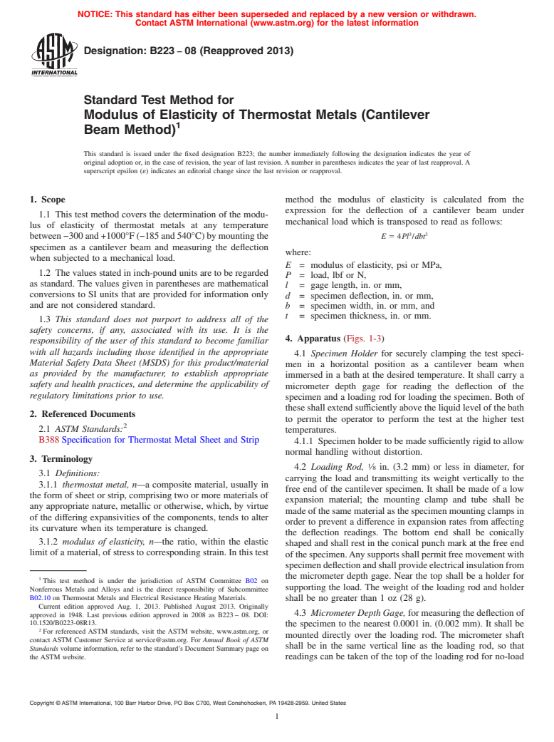 ASTM B223-08(2013) - Standard Test Method for Modulus of Elasticity of Thermostat Metals (Cantilever Beam  Method)