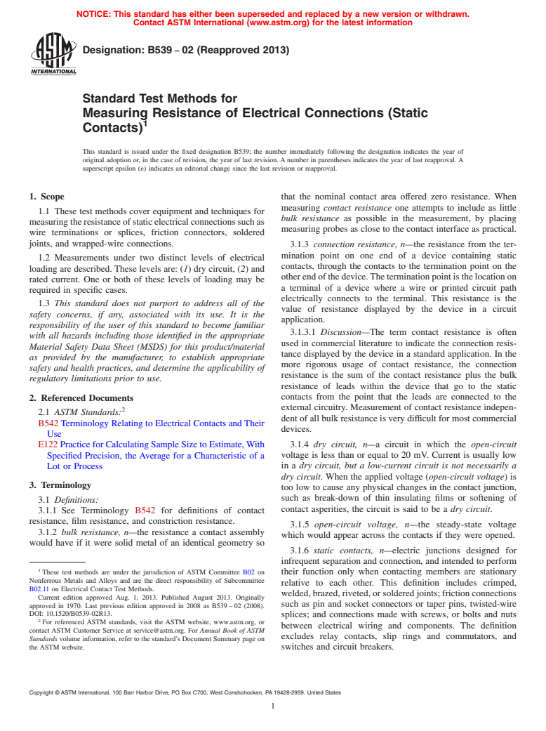 ASTM B539-02(2013) - Standard Test Methods for Measuring Resistance of Electrical Connections (Static Contacts)