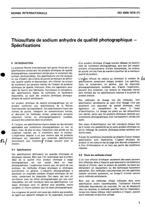 ISO 3300:1976 - Thiosulfate de sodium anhydre de qualité photographique -- Spécifications