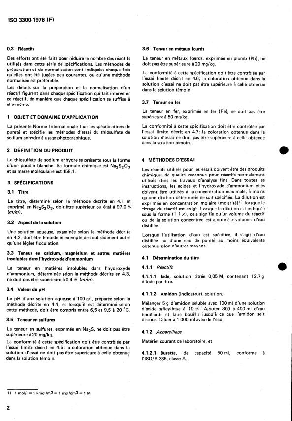 ISO 3300:1976 ISO 3300:1976 - Thiosulfate de sodium anhydre de qualité photographique -- Spécifications - Page 4 preview