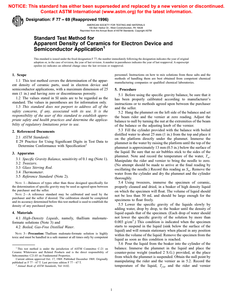 ASTM F77-69(1996) - Test Method for Apparent Density of Ceramics for Electron Device and Semiconductor Application (Withdrawn 2001)