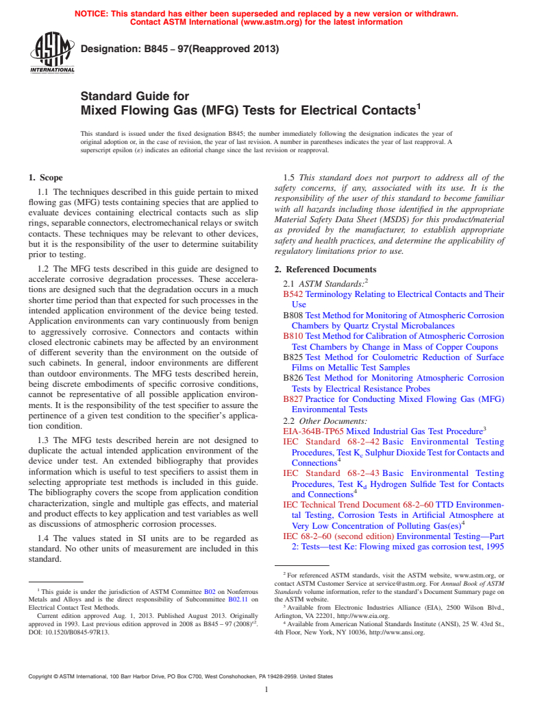 ASTM B845-97(2013) - Standard Guide for Mixed Flowing Gas (MFG) Tests for Electrical Contacts