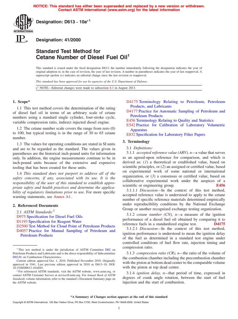 ASTM D613-10ae1 - Standard Test Method for  Cetane Number of Diesel Fuel Oil