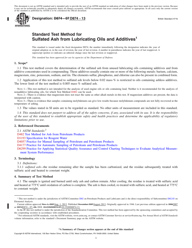 REDLINE ASTM D874-13 - Standard Test Method for Sulfated Ash from Lubricating Oils and Additives