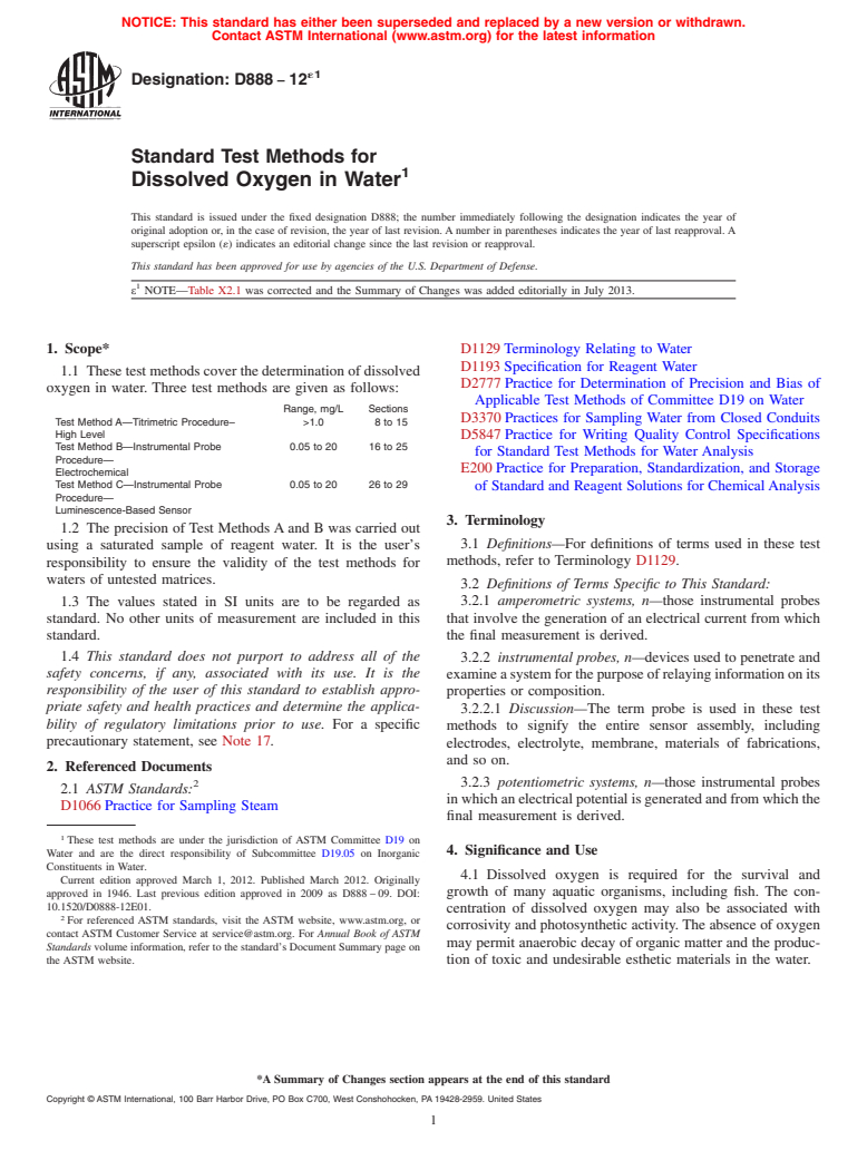 ASTM D888-12e1 - Standard Test Methods for  Dissolved Oxygen in Water