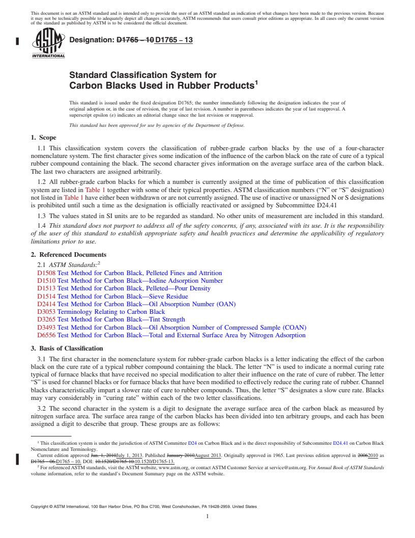 REDLINE ASTM D1765-13 - Standard Classification System for  Carbon Blacks Used in Rubber Products