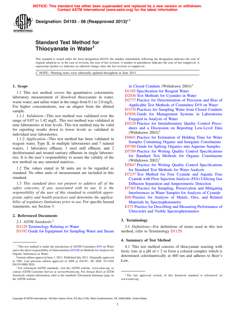 ASTM D4193-08(2013)e1 - Standard Test Method for  Thiocyanate in Water