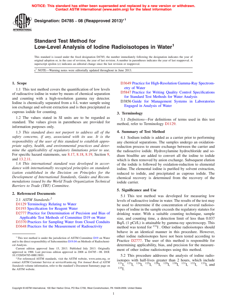 ASTM D4785-08(2013)e1 - Standard Test Method for  Low-Level Analysis of Iodine Radioisotopes in Water