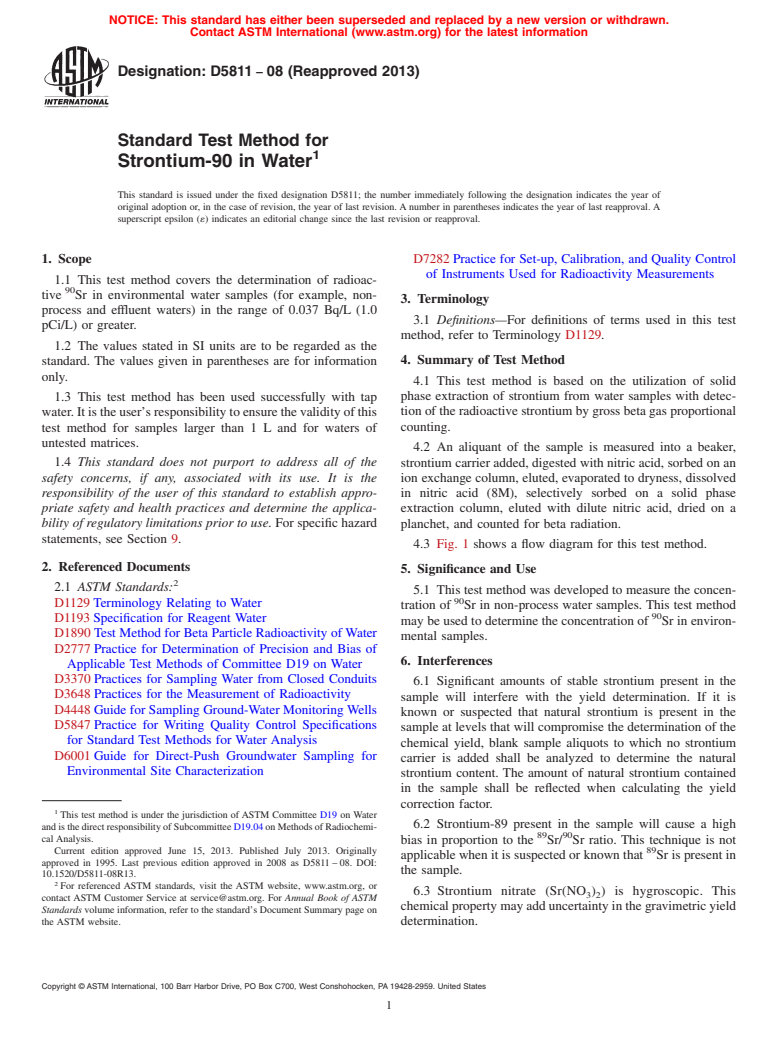 ASTM D5811-08(2013) - Standard Test Method for  Strontium-90 in Water