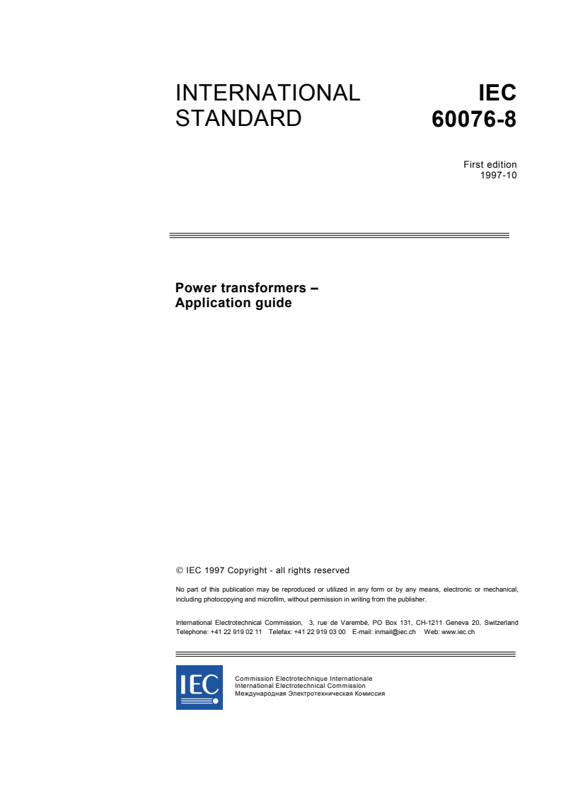 IEC 60076-8:1997 - Power transformers - Part 8: Application guide
Released:10/1/1997