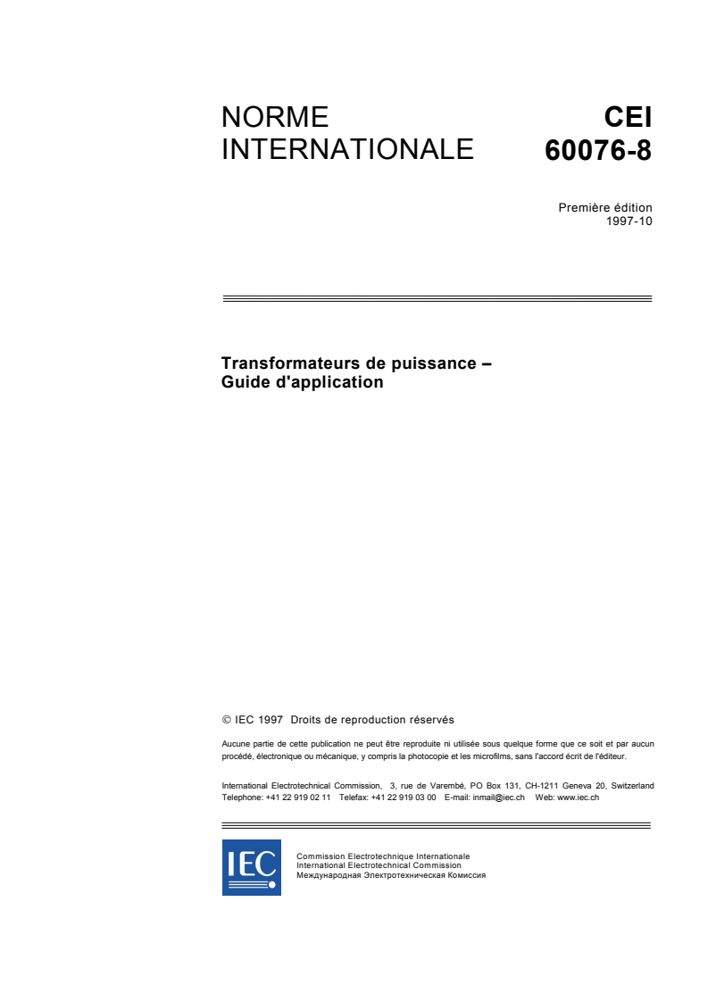 IEC 60076-8:1997 - Transformateurs de puissance - Partie 8: Guide d'application
Released:10/1/1997