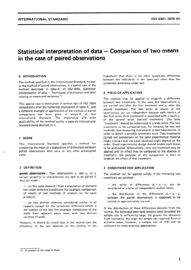ISO 3301:1975 - Statistical interpretation of data -- Comparison of two means in the case of paired observations