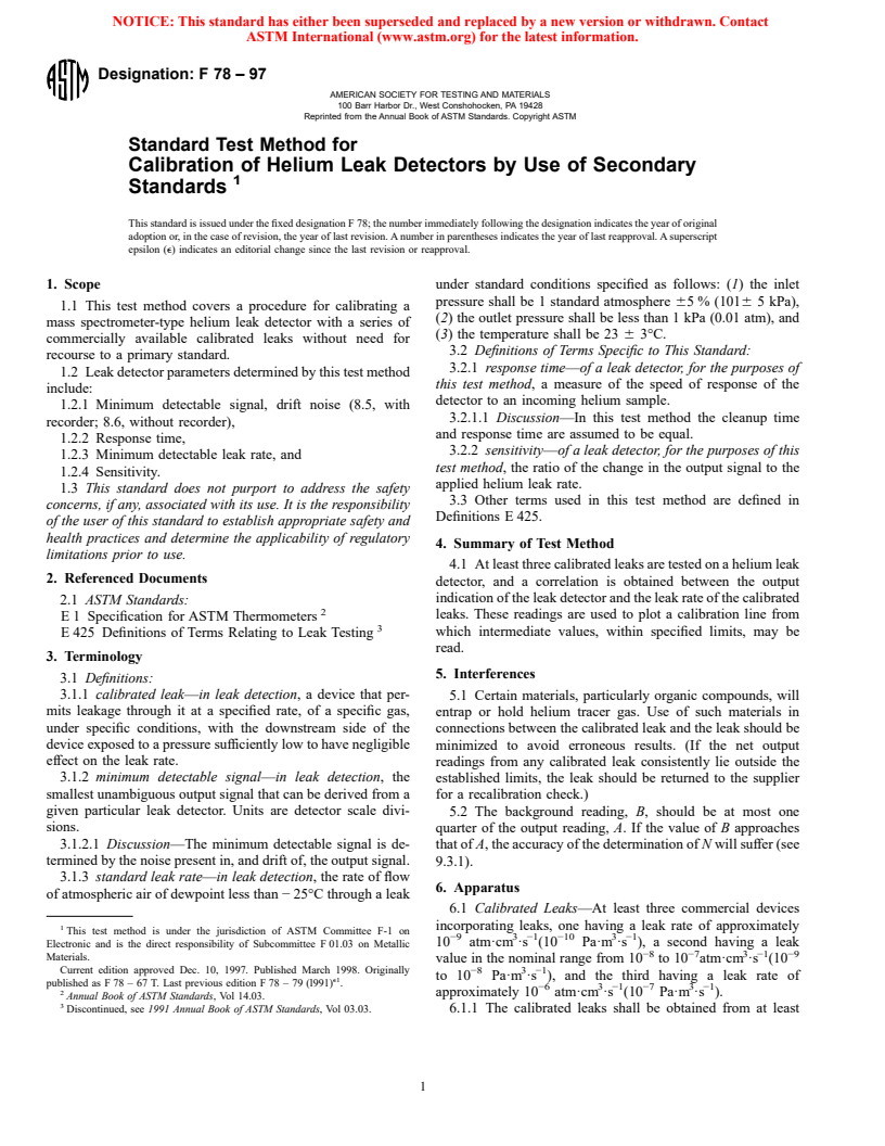 ASTM F78-97 - Standard Test Method for Calibration of Helium Leak Detectors by Use of Secondary Standards