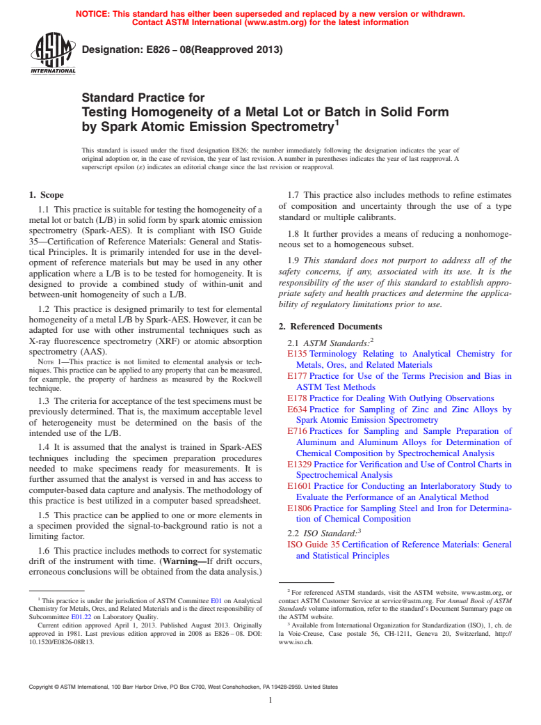 ASTM E826-08(2013) - Standard Practice for  Testing Homogeneity of a Metal Lot or Batch in Solid Form by  Spark Atomic Emission Spectrometry