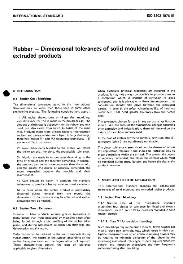 ISO 3302:1976 - Rubber -- Dimensional tolerances of solid moulded and extruded products