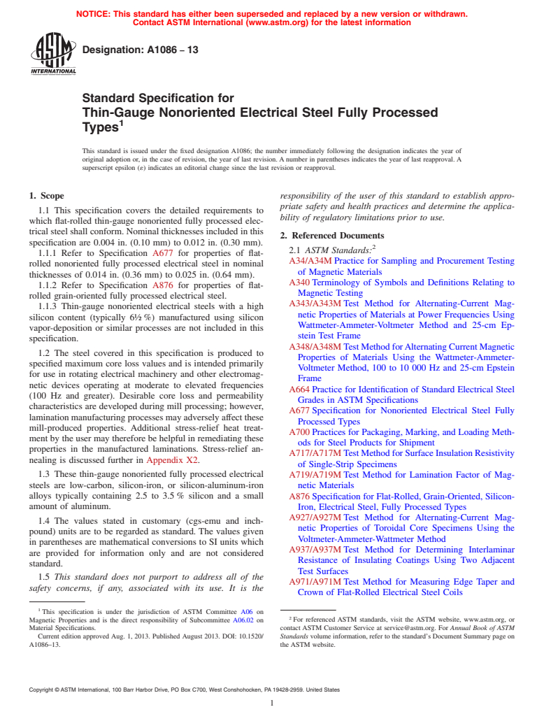 ASTM A1086-13 - Standard Specification for Thin-Gauge Nonoriented Electrical Steel Fully Processed Types