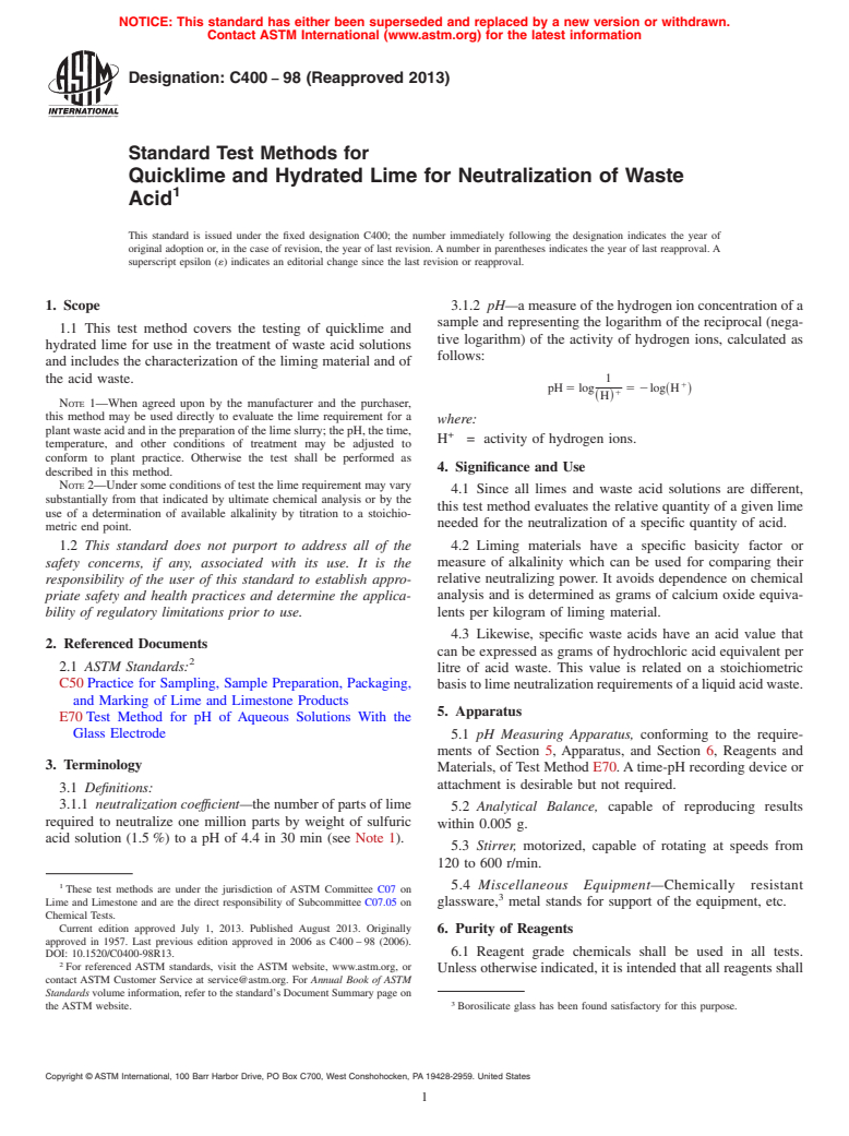 ASTM C400-98(2013) - Standard Test Methods for  Quicklime and Hydrated Lime for Neutralization of Waste Acid