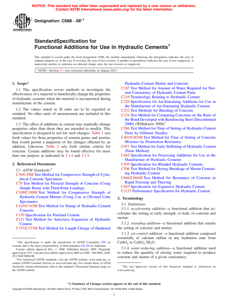 ASTM C688-08e1 - Standard Specification for  Functional Additions for Use in Hydraulic Cements