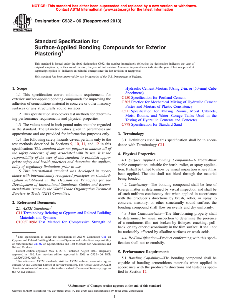 ASTM C932-06(2013) - Standard Specification for  Surface-Applied Bonding Compounds for Exterior Plastering