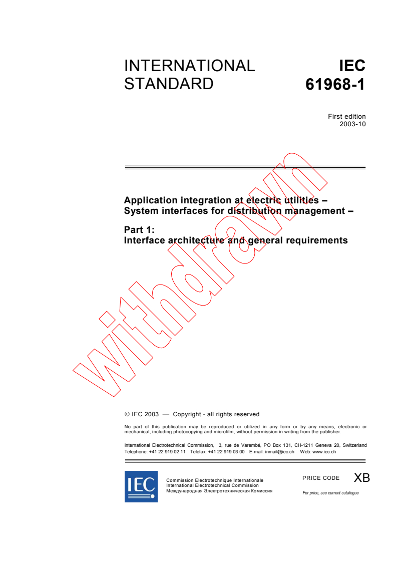 IEC 61968-1:2003 - Application integration at electric utilities - System interfaces for distribution management - Part 1: Interface architecture and general requirements
Released:10/8/2003
Isbn:2831872081