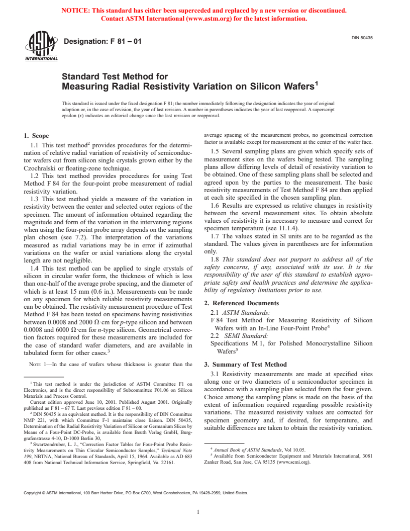 ASTM F81-01 - Standard Test Method for Measuring Radial Resistivity Variation on Silicon Wafers (Withdrawn 2003)