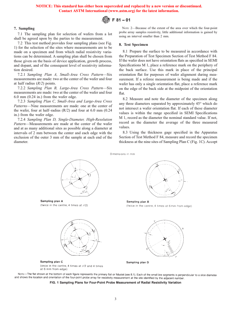 ASTM F81-01 - Standard Test Method for Measuring Radial Resistivity Variation on Silicon Wafers (Withdrawn 2003)