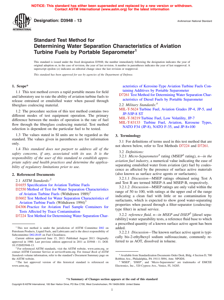 ASTM D3948-13 - Standard Test Method for  Determining Water Separation Characteristics of Aviation Turbine   Fuels by Portable Separometer