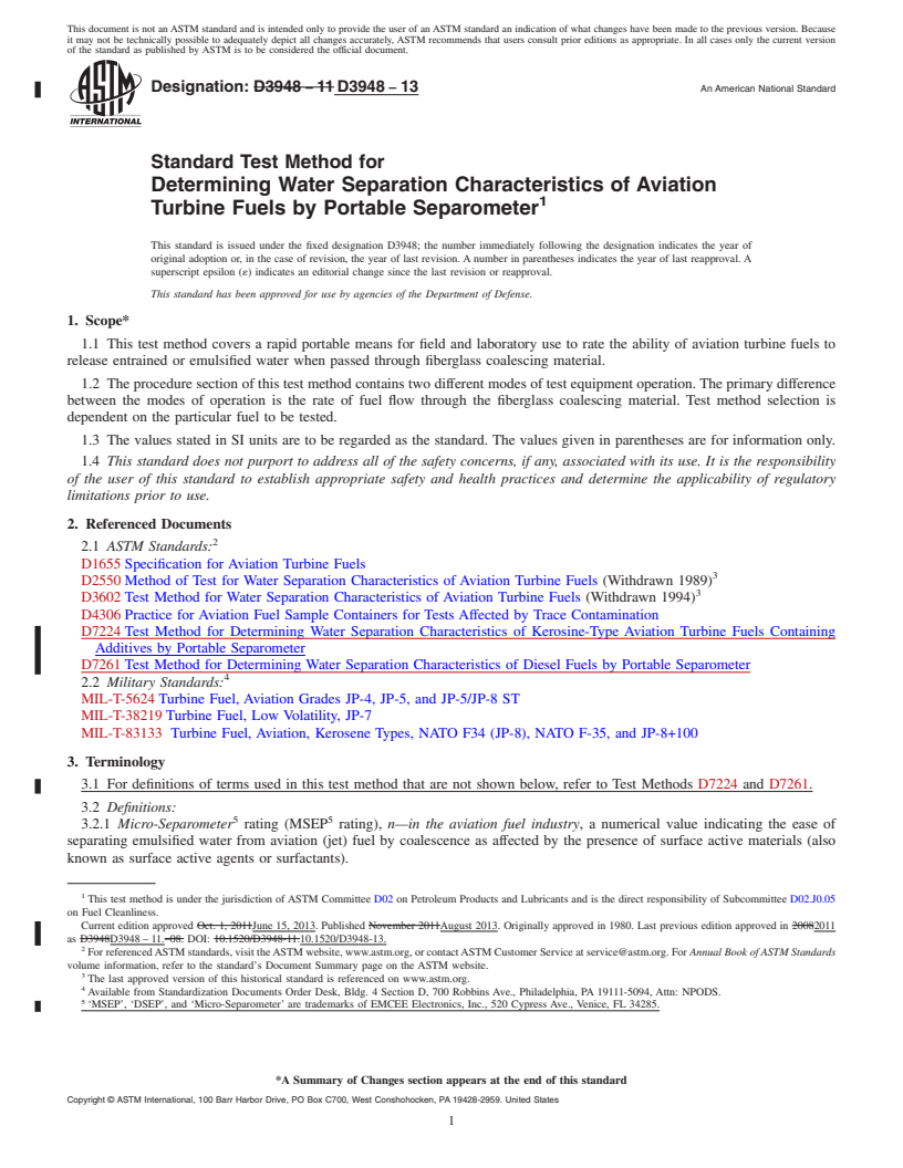 REDLINE ASTM D3948-13 - Standard Test Method for  Determining Water Separation Characteristics of Aviation Turbine   Fuels by Portable Separometer