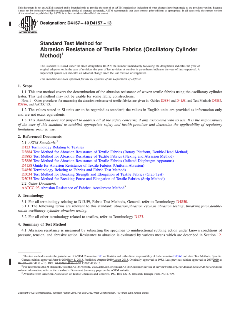 REDLINE ASTM D4157-13 - Standard Test Method for  Abrasion Resistance of Textile Fabrics (Oscillatory Cylinder  Method)