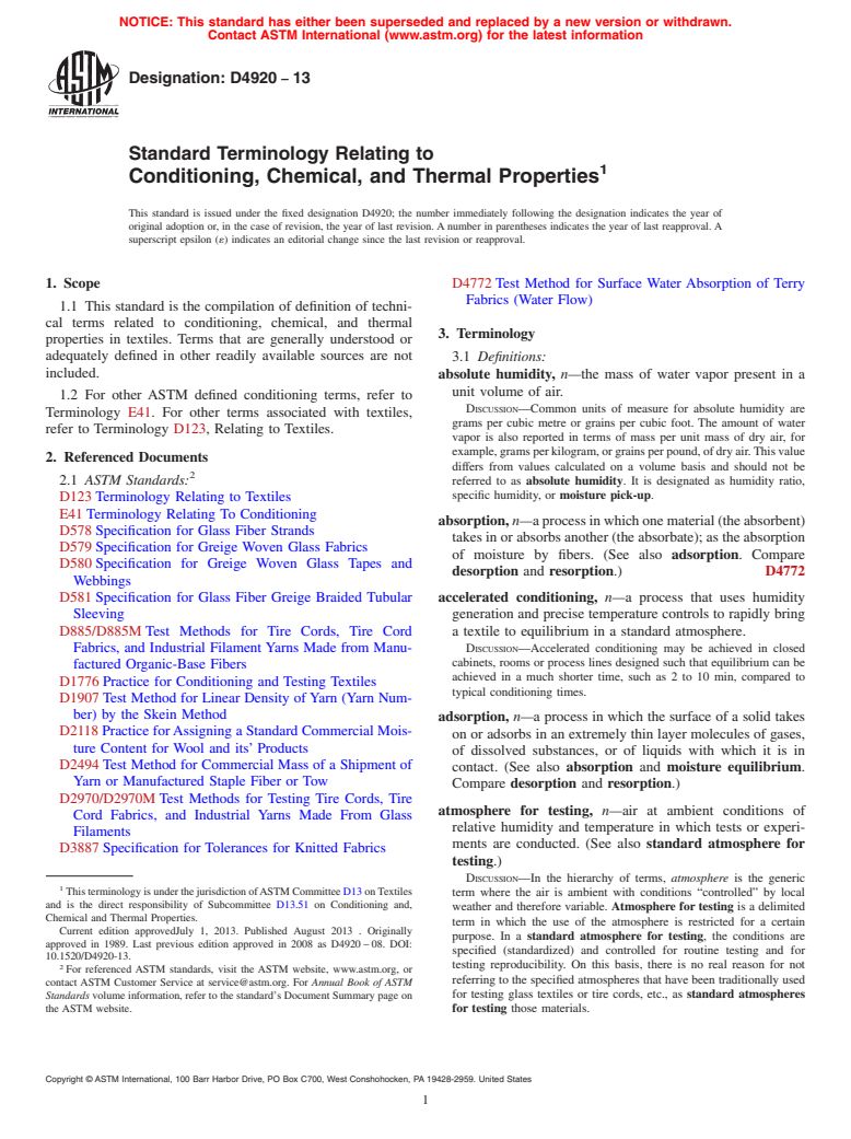 ASTM D4920-13 - Standard Terminology Relating to  Conditioning, Chemical, and Thermal Properties (Withdrawn 2022)