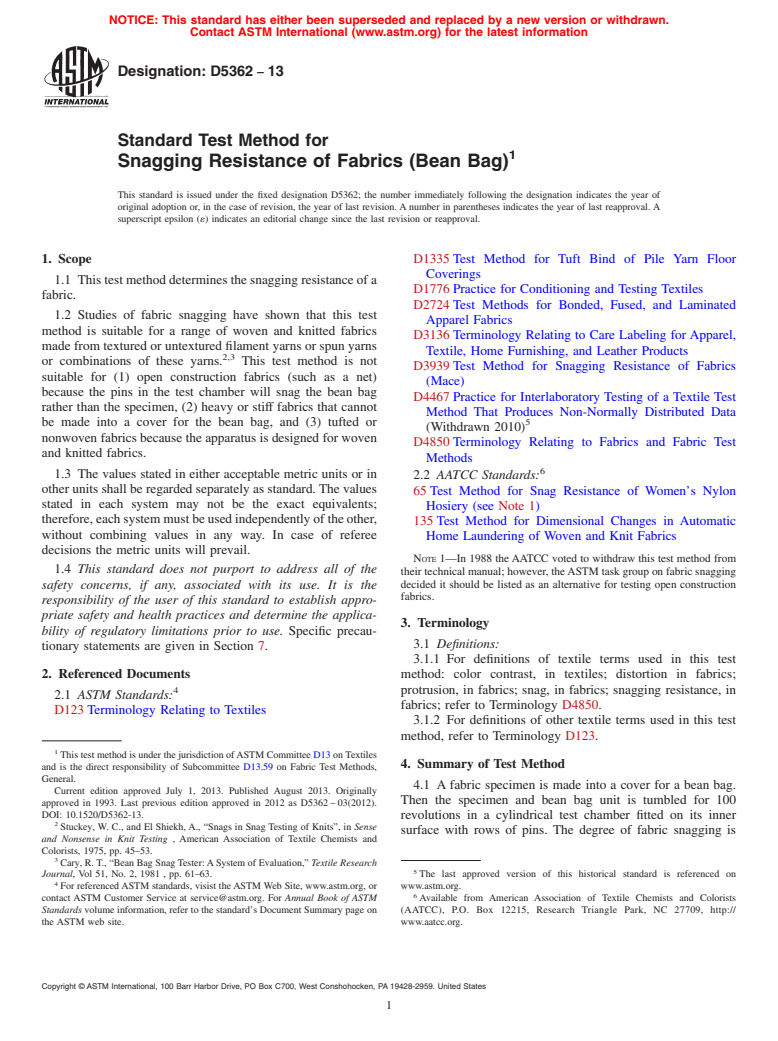 ASTM D5362-13 - Standard Test Method for  Snagging Resistance of Fabrics (Bean Bag)