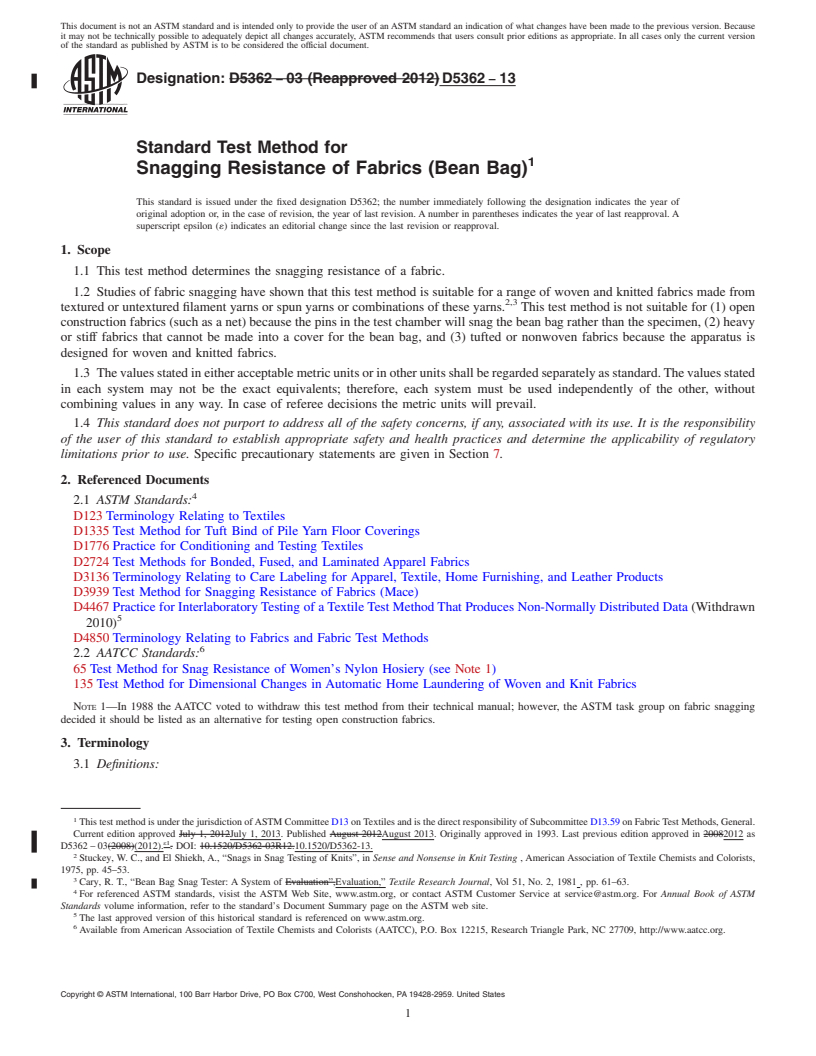 REDLINE ASTM D5362-13 - Standard Test Method for  Snagging Resistance of Fabrics (Bean Bag)