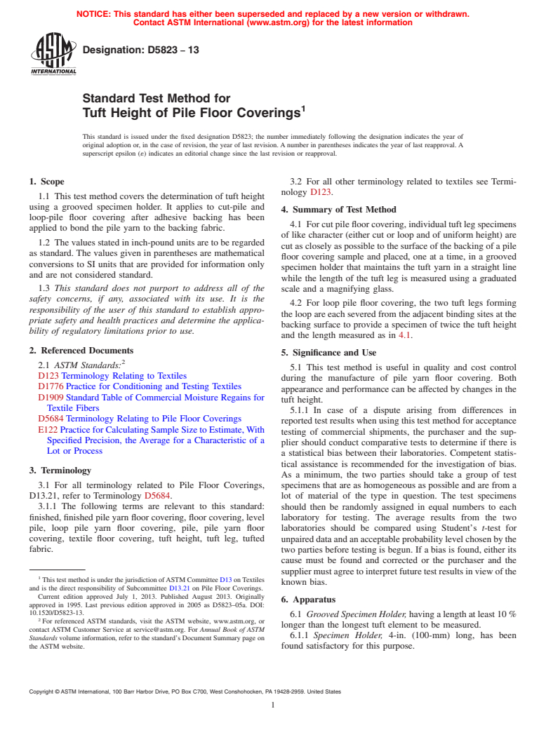 ASTM D5823-13 - Standard Test Method for  Tuft Height of Pile Floor Coverings