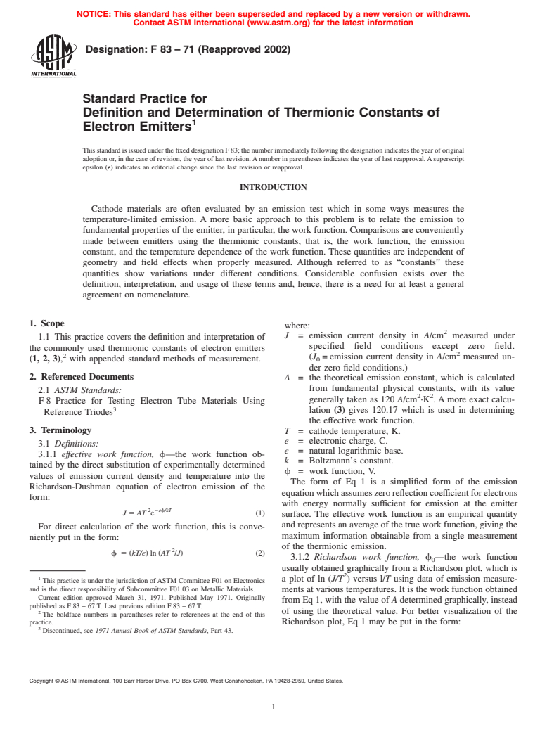 ASTM F83-71(2002) - Standard Practice for Definition and Determination of Thermionic Constants of Electron Emitters