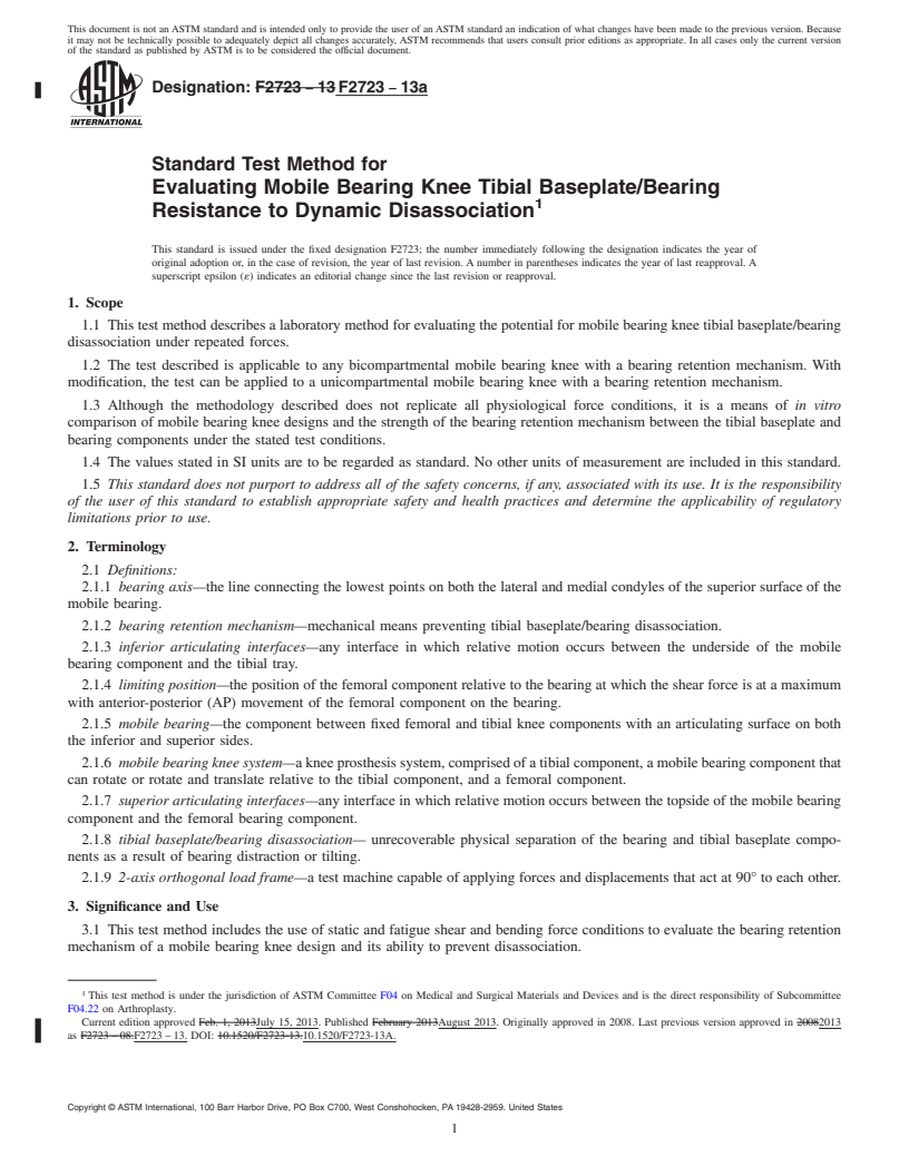 REDLINE ASTM F2723-13a - Standard Test Method for  Evaluating Mobile Bearing Knee Tibial Baseplate/Bearing Resistance  to Dynamic Disassociation