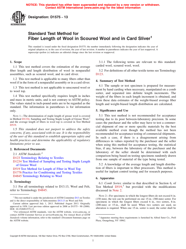 ASTM D1575-13 - Standard Test Method for  Fiber Length of Wool in Scoured Wool and in Card Sliver (Withdrawn 2022)