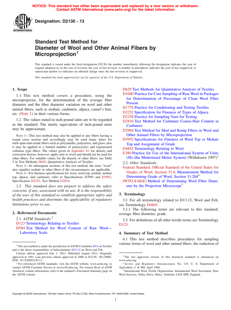 ASTM D2130-13 - Standard Test Method for  Diameter of Wool and Other Animal Fibers by Microprojection (Withdrawn 2022)