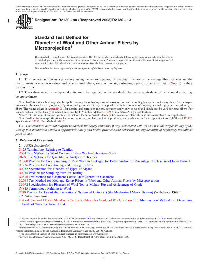 REDLINE ASTM D2130-13 - Standard Test Method for  Diameter of Wool and Other Animal Fibers by Microprojection (Withdrawn 2022)