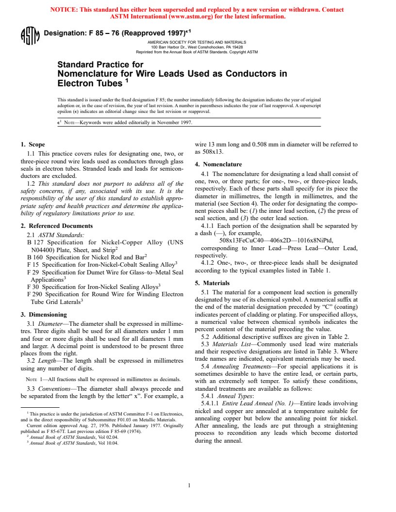 ASTM F85-76(1997)e1 - Standard Practice for Nomenclature for Wire Leads Used as Conductors in Electron Tubes