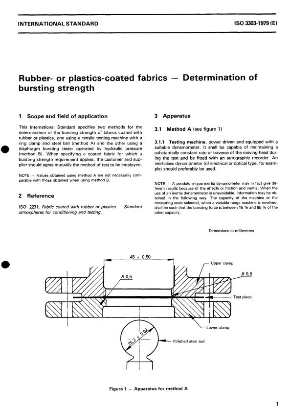ISO 3303:1979 - Rubber- or plastics-coated fabrics -- Determination of bursting strength